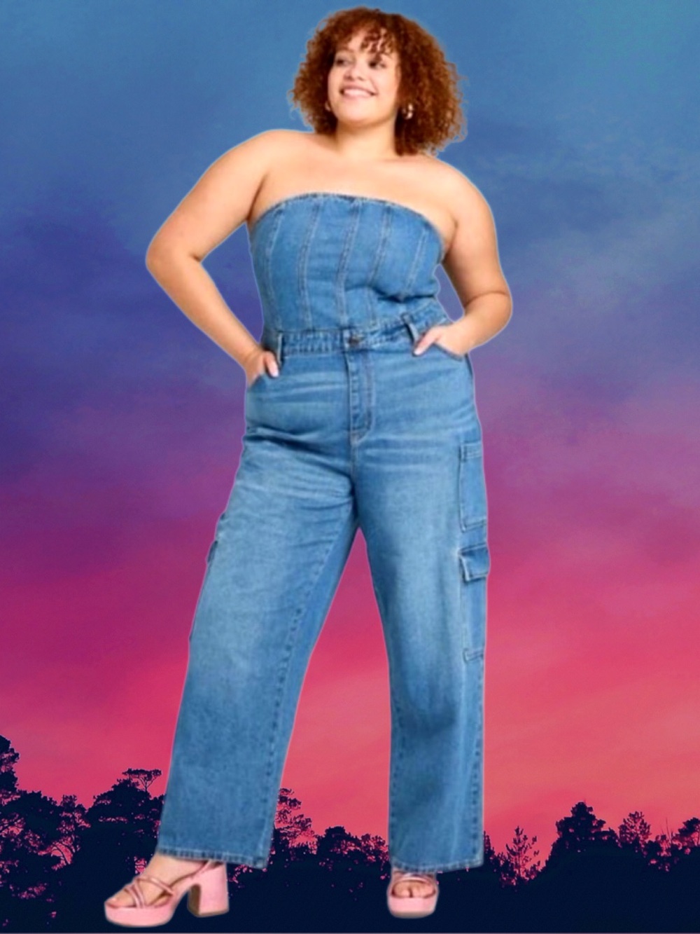 🆕Wild Fable Women’s Medium-Wash Strapless Smocked Denim Jean Jumpsuit💜💜3X